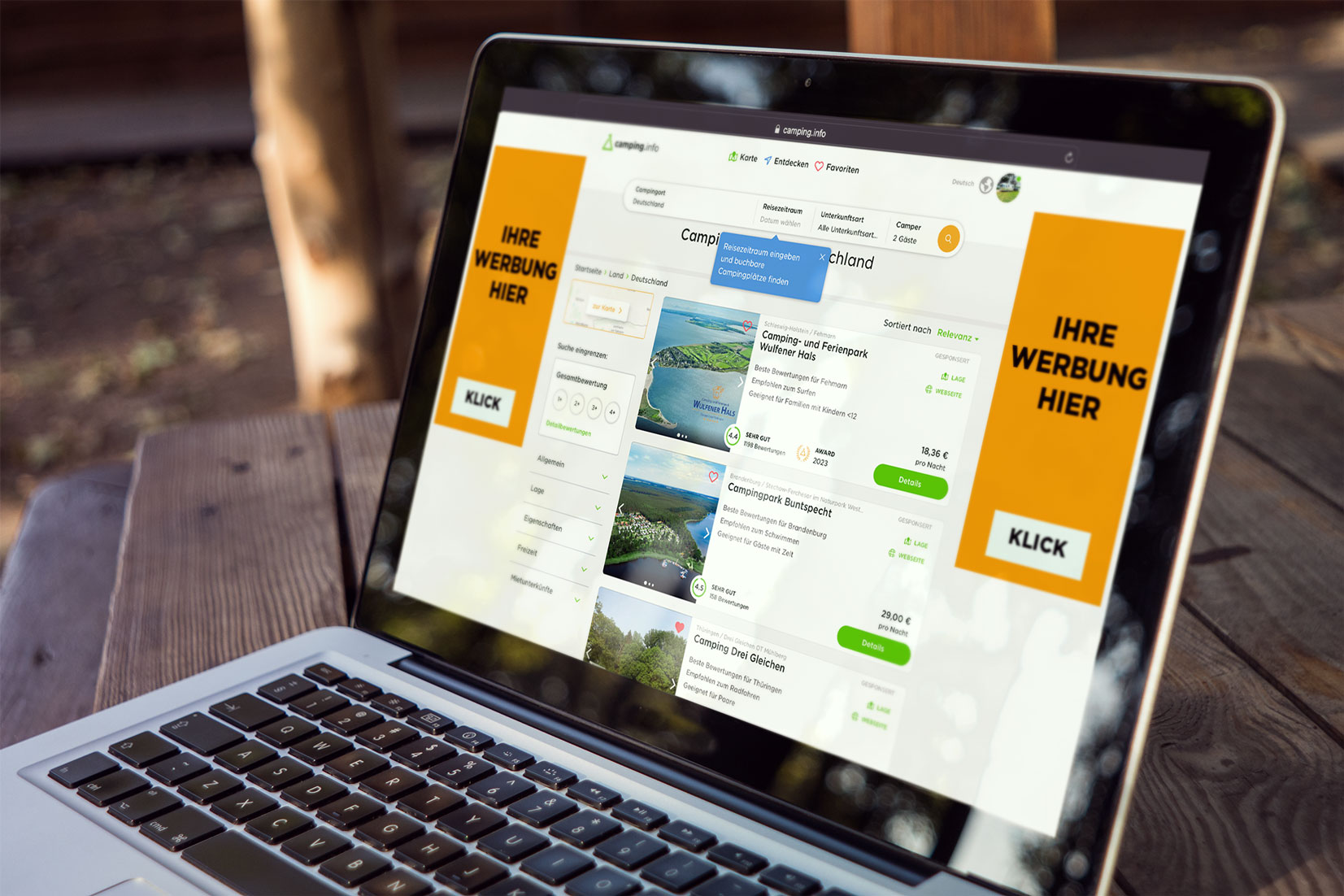 Werbung auf camping.info Laptop mit einer geöffneten Webseite